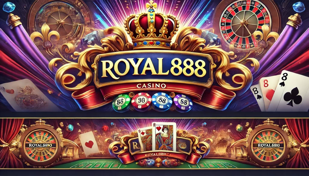 Luxurious Royal888 Casino banner with vibrant gaming environment and text 'Royal888' featuring images of slots, blackjack, and roulette.