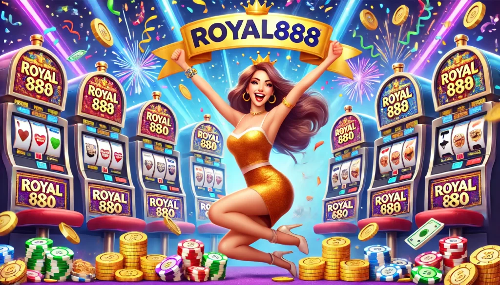 Joyful female player celebrating a win at Royal888 Casino with vibrant slot machines, coins, and colorful confetti in the background, prominently displaying the text 'Royal888