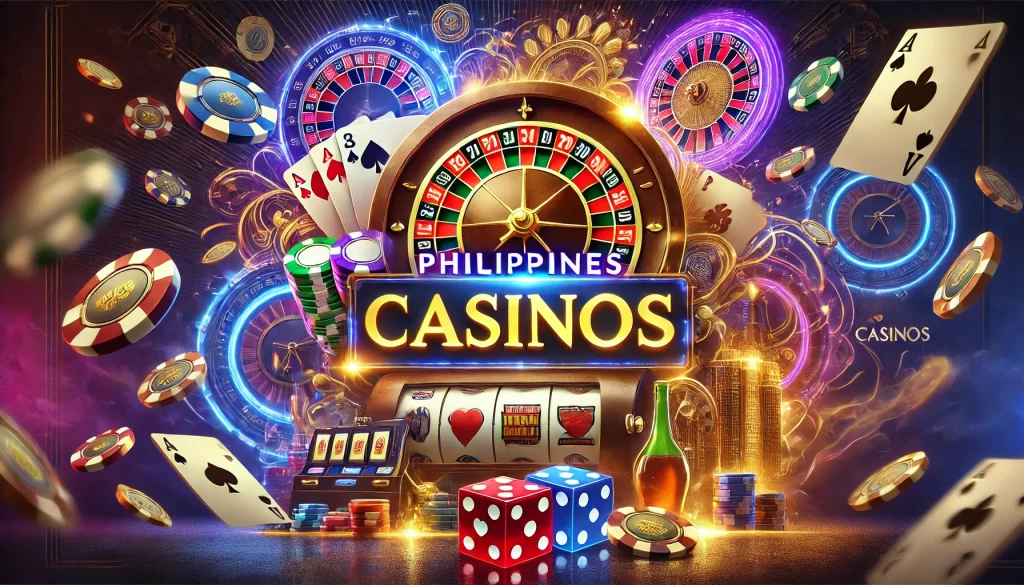 Philippines casinos advertisement featuring animated slot machines, shining coins, and a jackpot meter set against a modern online casino background with vibrant neon lights