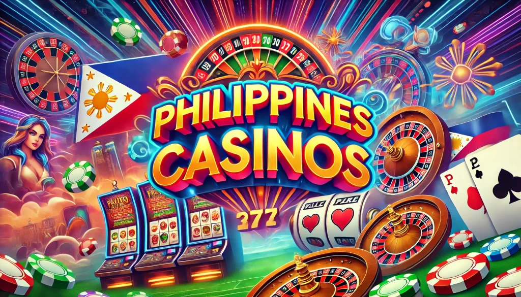 Advertisement for Philippines casinos featuring a vibrant background of slot machines, roulette wheels, and colorful lights with bold text 'Philippines casinos