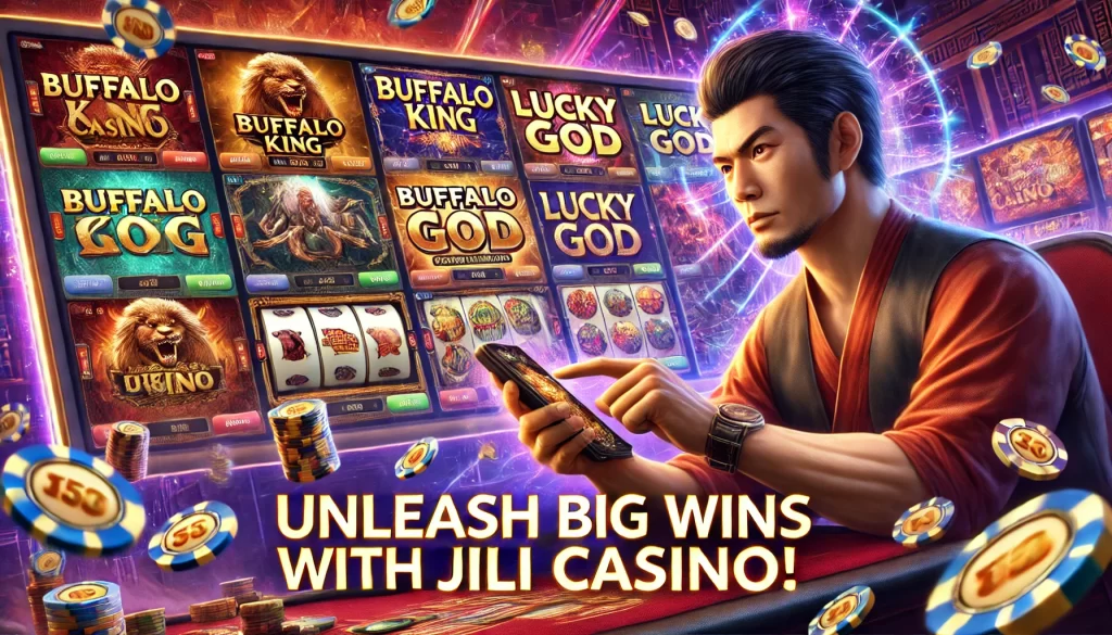 A Filipino woman enthusiastically playing an online casino game on her mobile device, with colorful visuals of the games 'Buffalo King' and 'Lucky God' in the background. The caption says 'Unleash Big Wins with Jili Casino!' The image captures the thrill of gaming in a dynamic and immersive environment