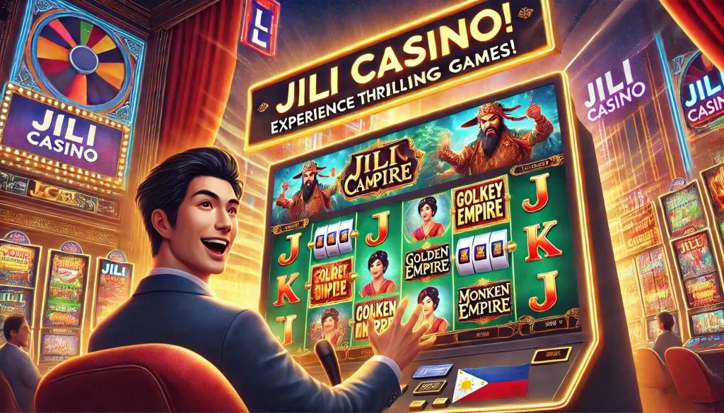 A Filipino man enjoying a game at Jili Casino on a slot machine, with vibrant graphics from the games 'Golden Empire' and 'Monkey King' in the background. The caption reads 'Experience Thrilling Games at Jili Casino!' The image conveys excitement and a lively casino atmosphere