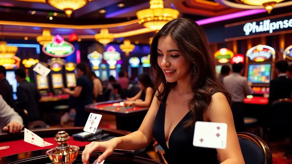 Philippines casinos advertisement featuring animated slot machines, shining coins, and a jackpot meter set against a modern online casino background with vibrant neon lights