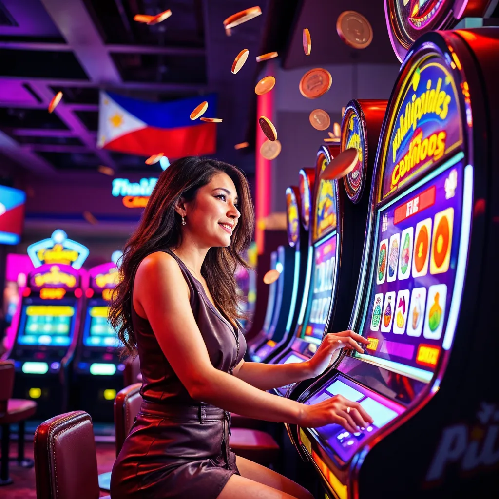 Philippines casinos advertisement featuring animated slot machines, shining coins, and a jackpot meter set against a modern online casino background with vibrant neon lights