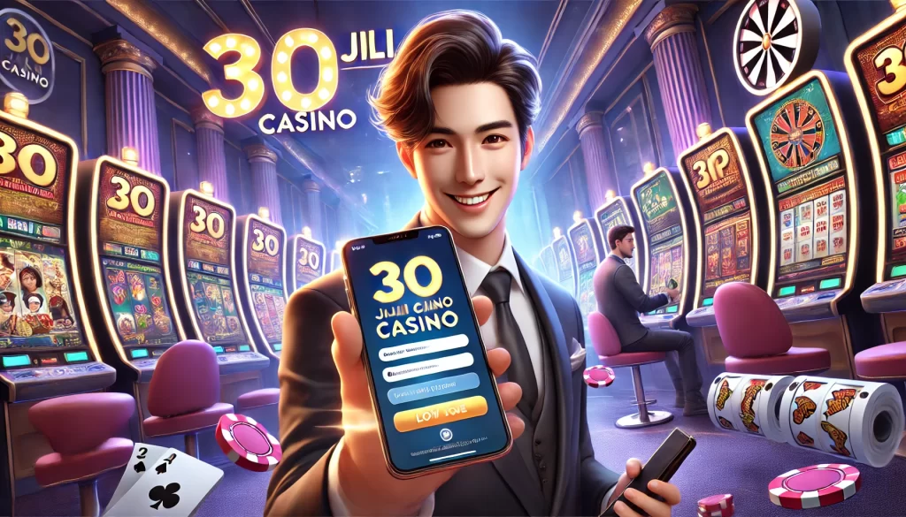 A photorealistic image of a person smiling and holding a smartphone displaying the 30 Jili Casino app. The background shows vibrant casino elements like slot machines and playing cards, creating a lively gaming atmosphere. The text reads: "Join the VIP Experience at 30 Jili Casino - Philippines Casinos," with the 30 Jili Casino logo subtly placed. The image conveys excitement and fun, emphasizing the seamless mobile gaming experience.