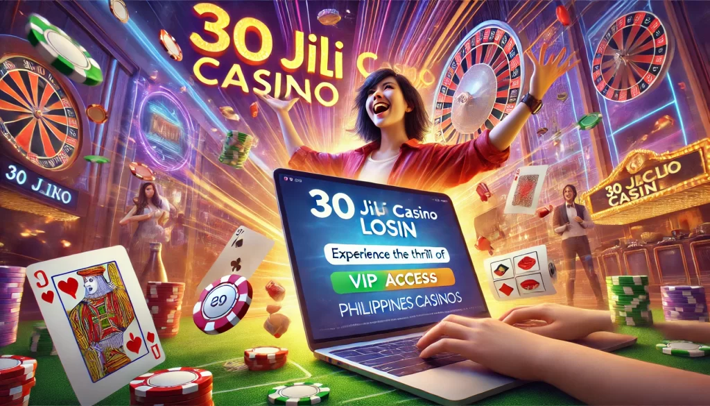 A photorealistic image of a joyful person using a laptop, with the 30 Jili Casino website open on the screen. The background is filled with casino-themed elements like poker chips, playing cards, and a roulette wheel, creating a vibrant, thrilling atmosphere. The text reads: "Experience the Thrill of VIP Access - Philippines Casinos," alongside the 30 Jili Casino logo. The image highlights the excitement and premium gaming experience available online.