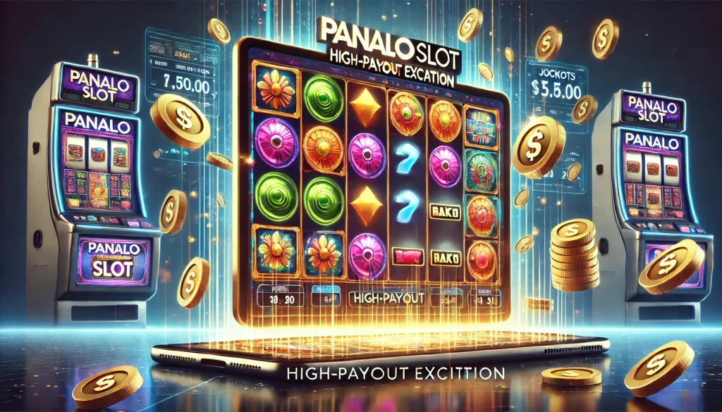  A clean, professional advertisement for Panalo Slot featuring a vibrant slot machine with spinning reels in an online gaming interface. Bright symbols like coins and jackpot icons float subtly in the background, reinforcing the high-payout theme. The product branding text "Panalo Slot: High-Payout Excitement" is clearly visible at the bottom, along with a logo in the corner, set against a sleek digital interface.