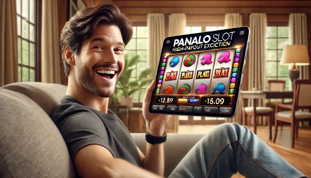 A realistic advertisement for Panalo Slot showcasing a person happily playing an online slot machine on a tablet in a cozy living room. The tablet screen shows colorful reels spinning, and the branding text "Panalo Slot: High-Payout Excitement" is prominently displayed. Natural lighting from a window illuminates the comfortable setting, making the scene inviting and engaging.