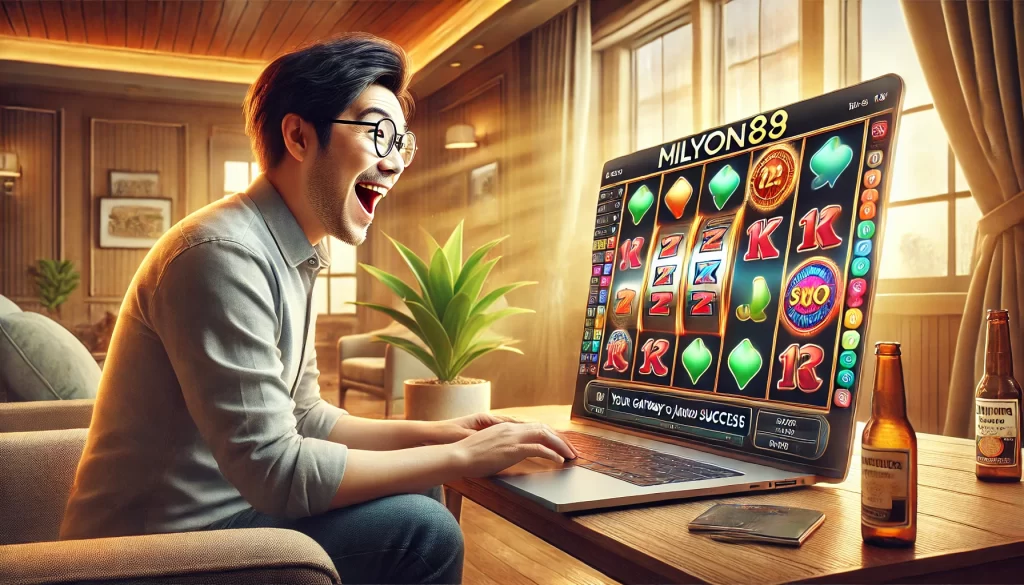 A realistic advertisement for Milyon88 showing a person smiling and enjoying an online slot machine game on a laptop in a cozy, well-lit living room. The laptop screen displays brightly colored reels spinning, and the text "Milyon88: Your Gateway to Jackpot Success" is clearly visible. The inviting scene focuses on the player's excitement and the engaging atmosphere of online gaming.