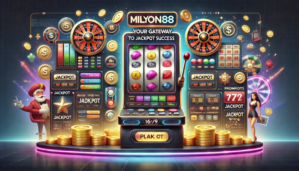 A sleek and professional advertisement for Milyon88, featuring a vibrant digital slot machine with spinning reels in an online casino interface. The background showcases subtle icons of coins, jackpots, and promotional bonuses. At the bottom, the product branding text reads, "Milyon88: Your Gateway to Jackpot Success," with the Milyon88 logo visible in the corner, emphasizing the high-stakes, high-payout nature of the platform.